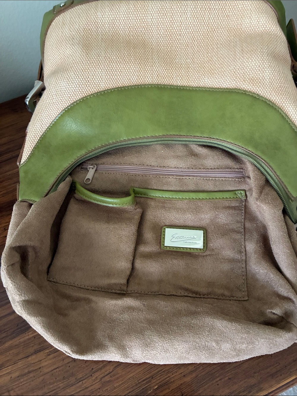 Etienne Aigner Green Manmade Leather and Beige Textile Woven Shoulder Bag -EUC - Picture 9 of 13